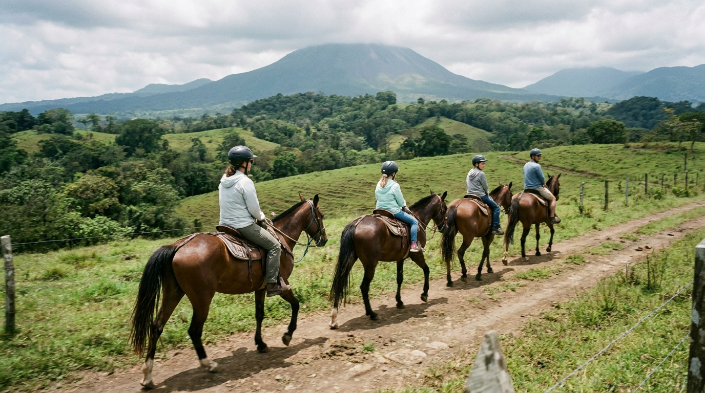 A family enjoying a gentle horseback ride through the green hills of the Costa Rican countryside near Arenal Volcano.