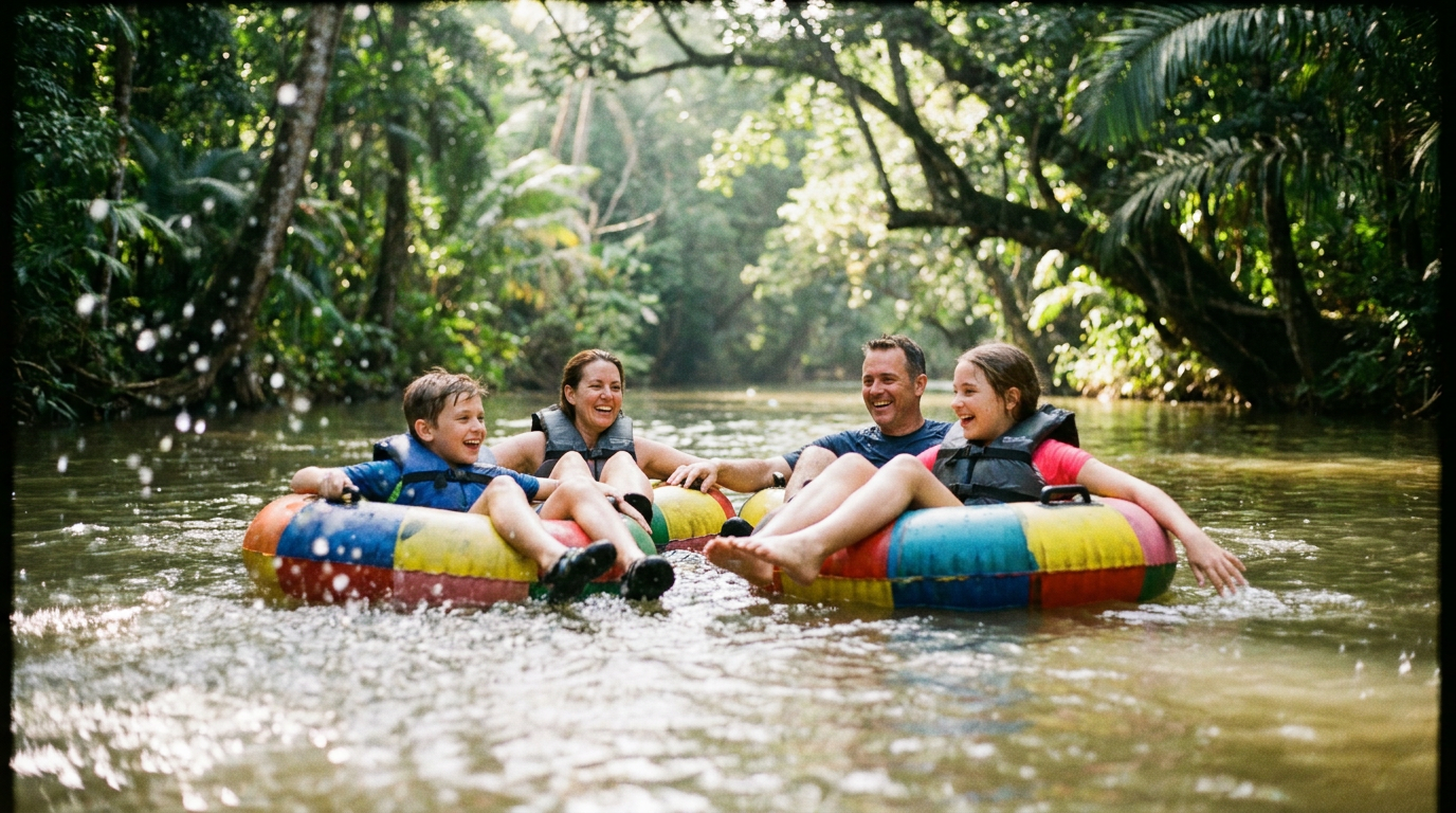 A family laughing as they navigate a small rapid while river tubing on the Rio Arenal in Costa Rica, surrounded by dense rainforest.