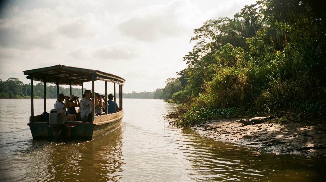 A tour boat with passengers floats on the calm Río Frío in Caño Negro Wildlife Refuge, with a caiman visible on the green riverbank.