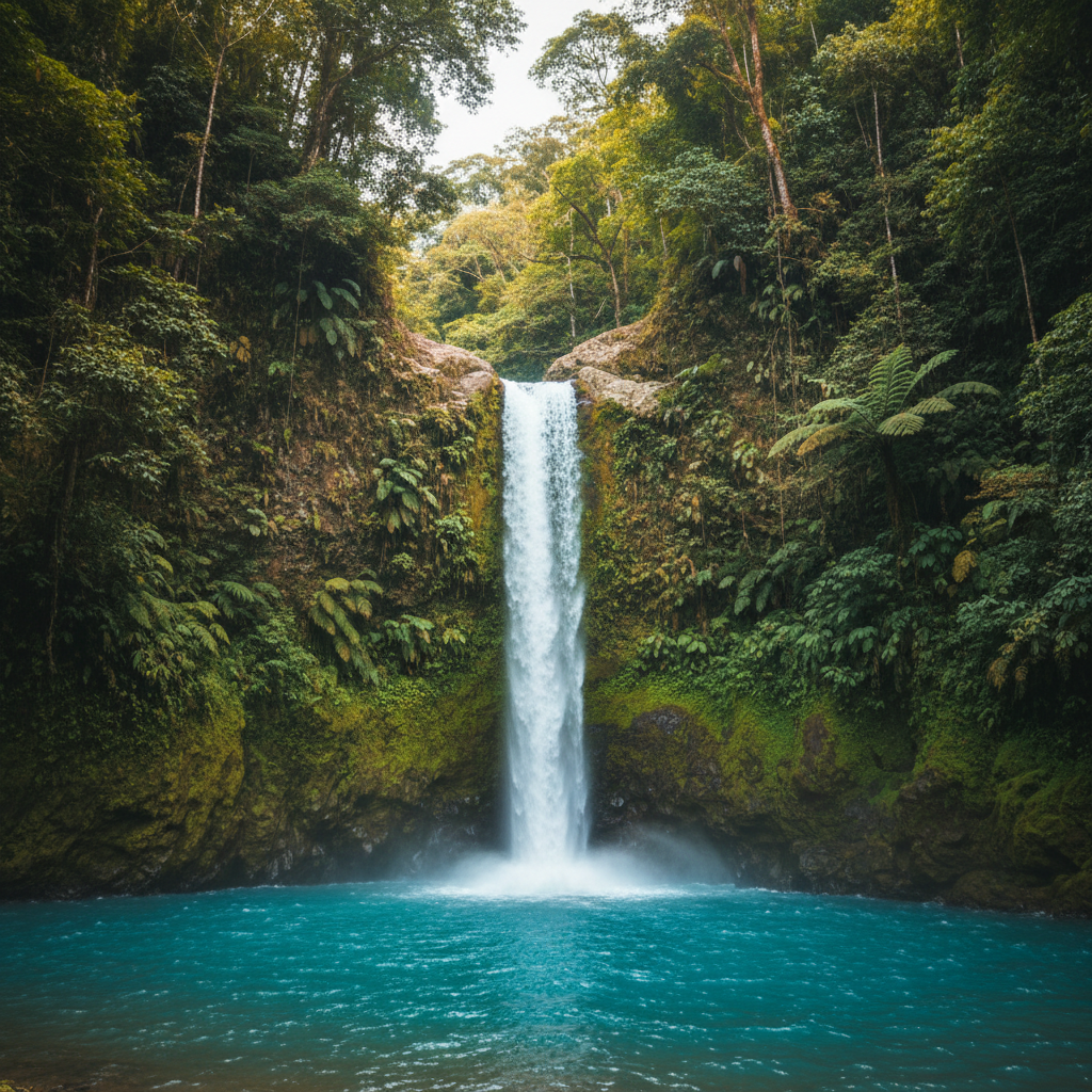 The turquoise water of the Río Celeste waterfall plunges into a brilliant blue pool in the middle of a dense Costa Rican rainforest in Tenorio Volcano National Park.