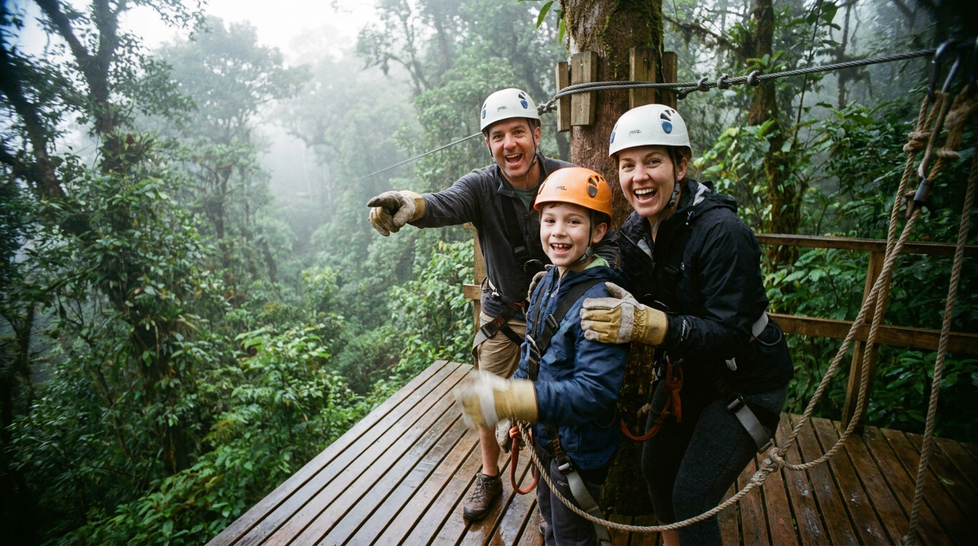 A happy family in helmets and harnesses preparing to go on a zipline in the Arenal rainforest.