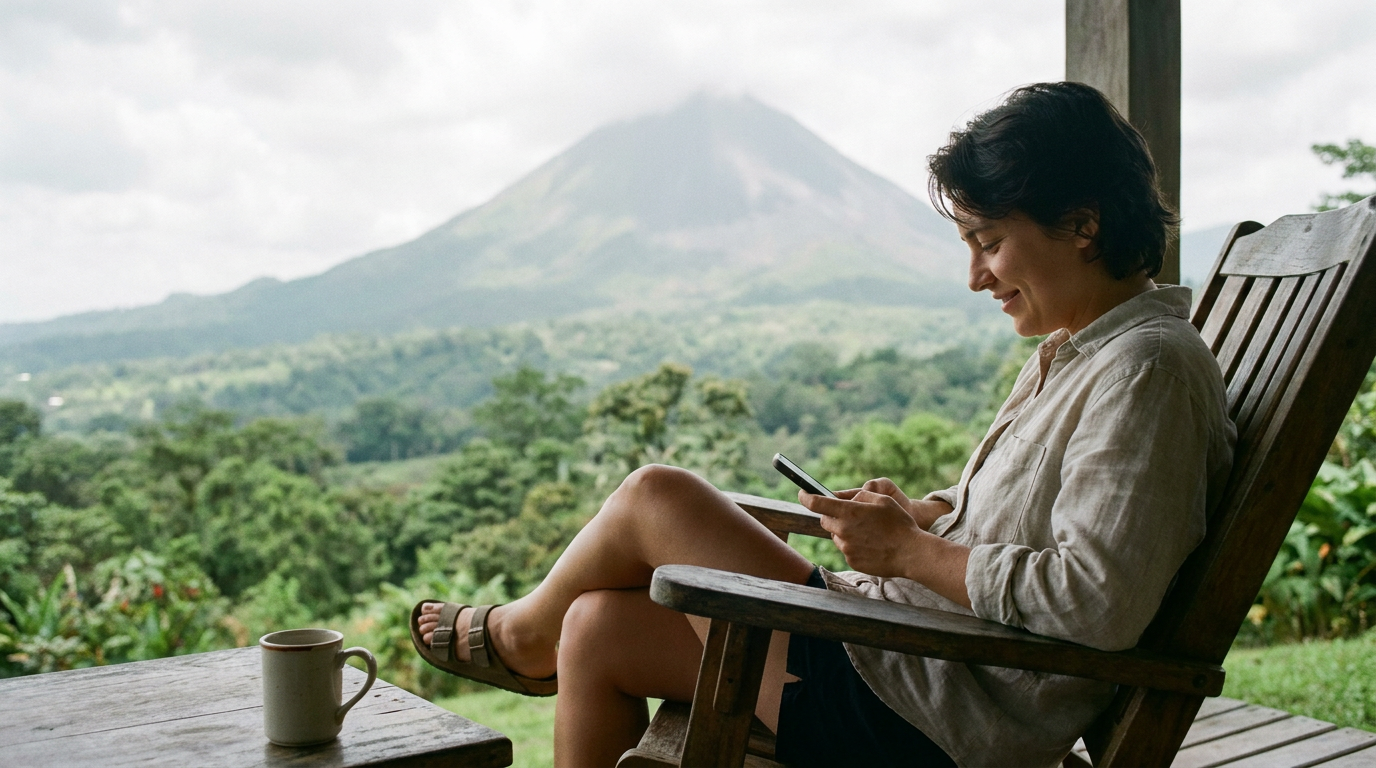 A guest uses their phone on the spacious wooden deck of a vacation home, with Costa Rica's Arenal Volcano in the distance.