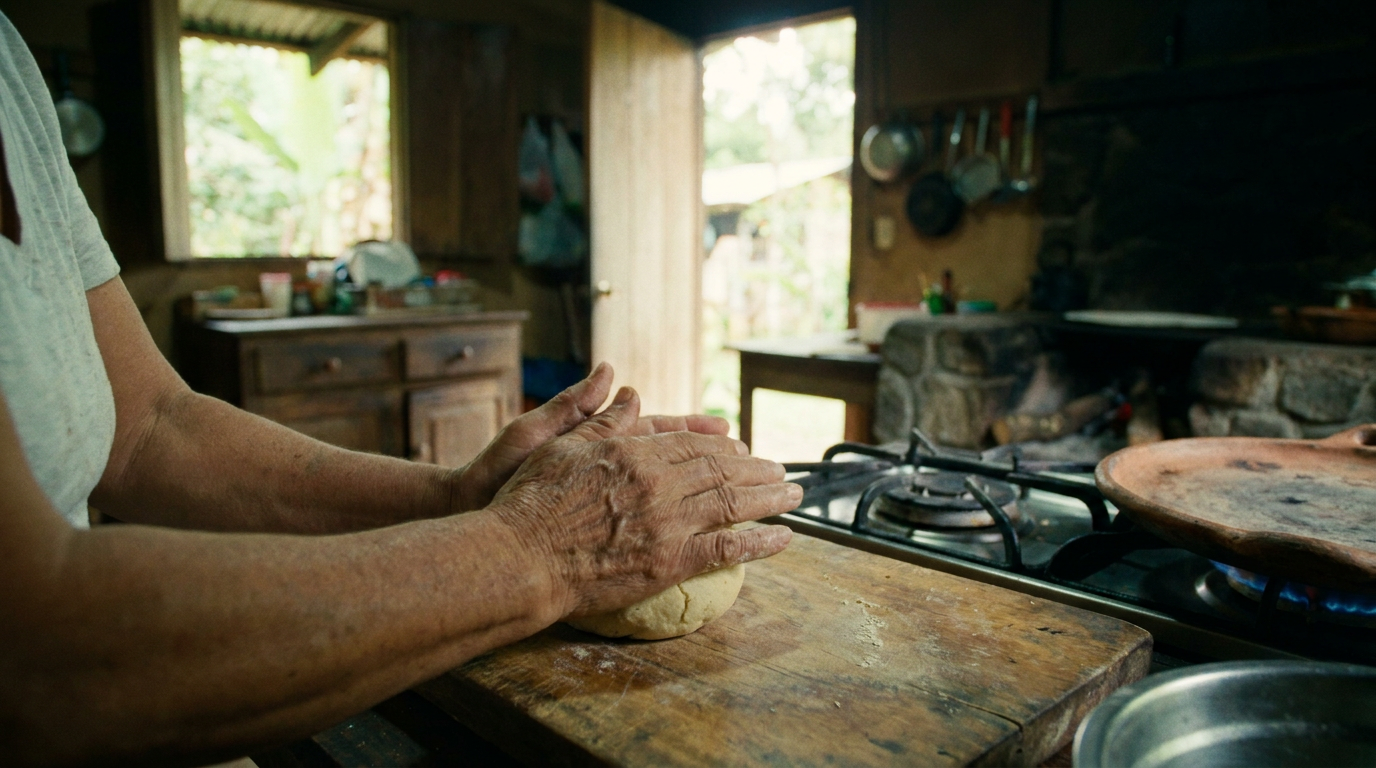 A person learns to make fresh corn tortillas by hand in a Costa Rican cooking class near Arenal.