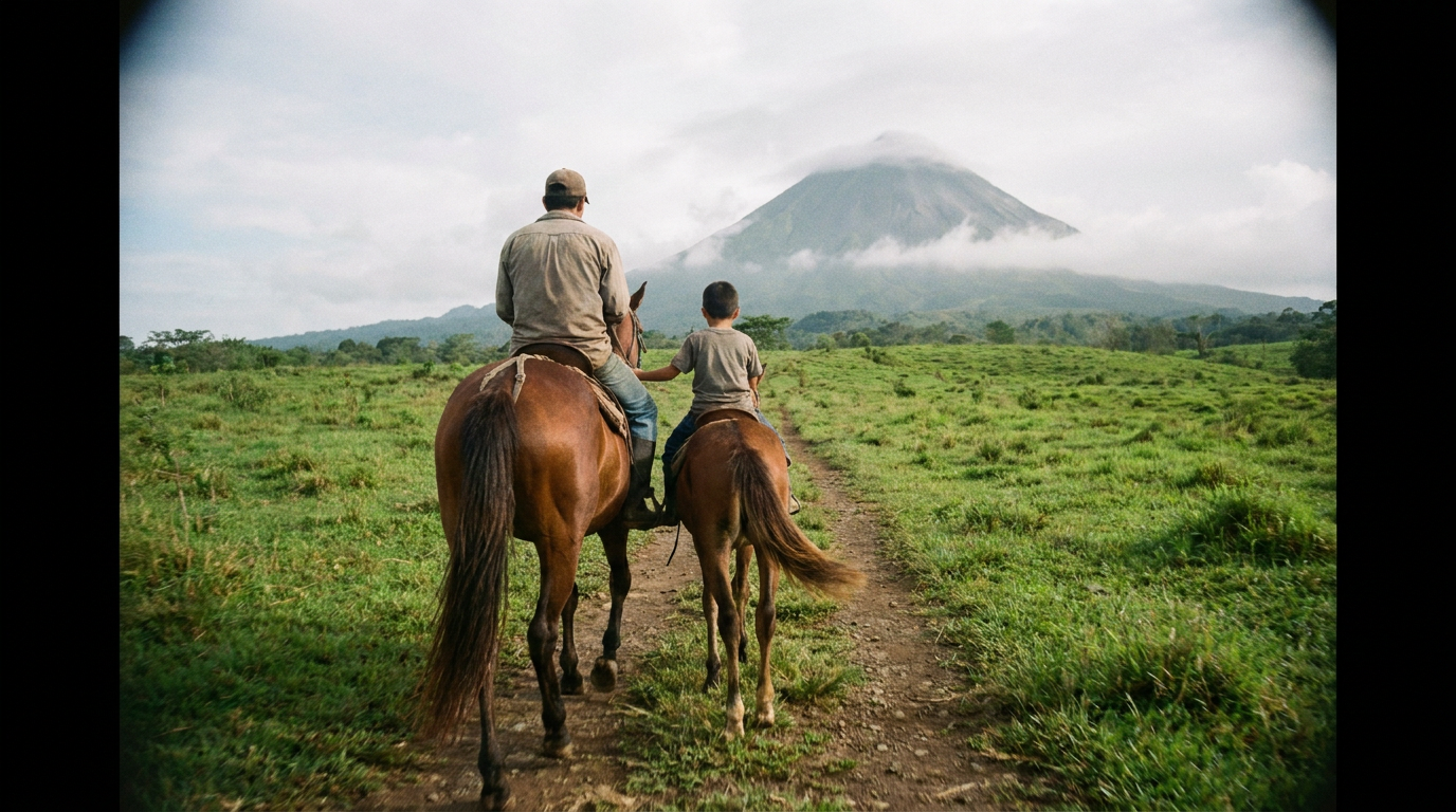 A family horseback riding through rolling green hills in the Venado countryside with Arenal Volcano in the background.