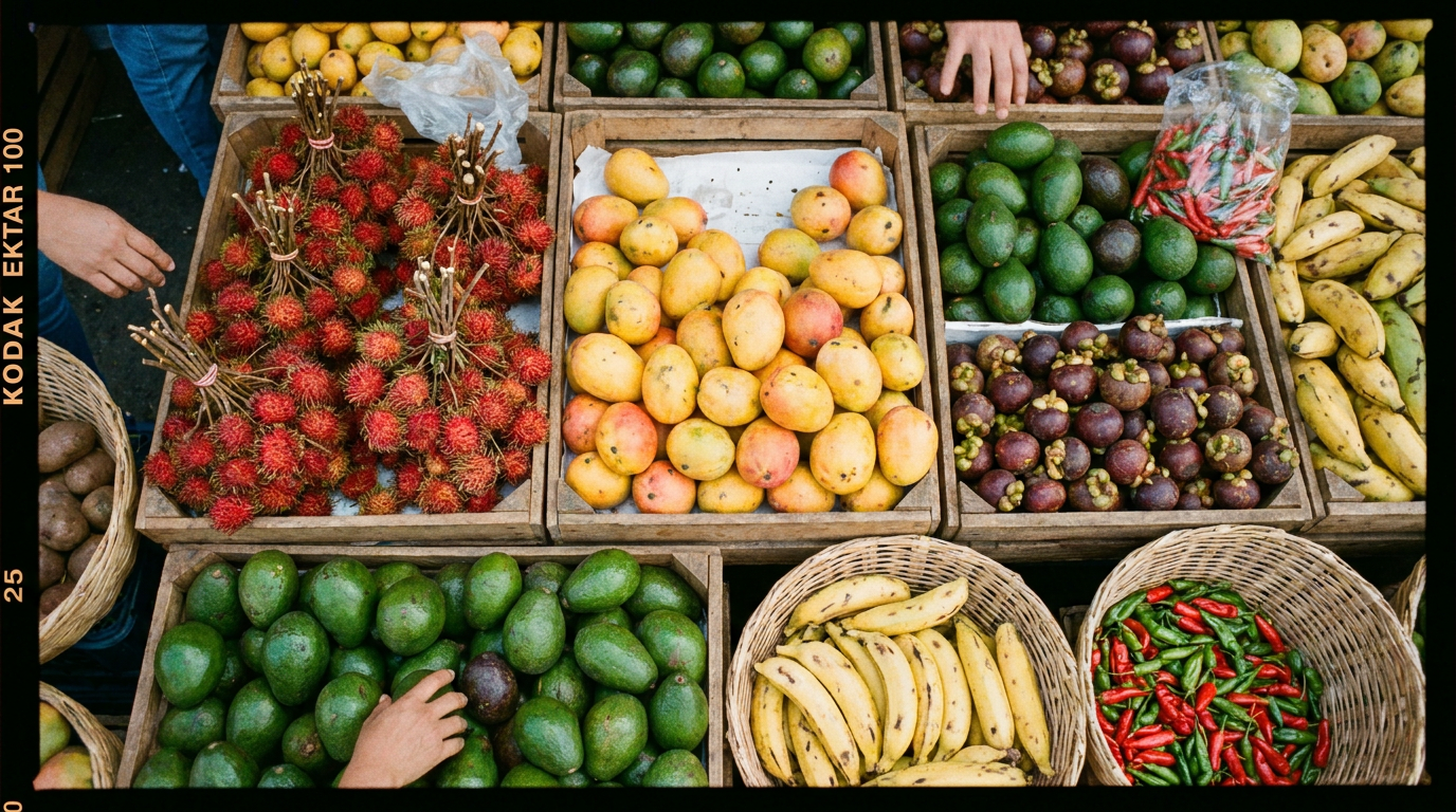 A vibrant collection of fresh tropical fruits like pineapple, papaya, and rambutan at a Costa Rican farmers' market.