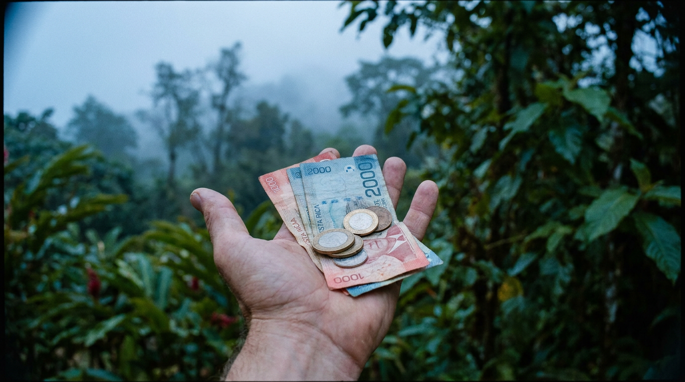 A hand holding colorful Costa Rican colones currency, with a blurred background of green tropical foliage in the Arenal region.