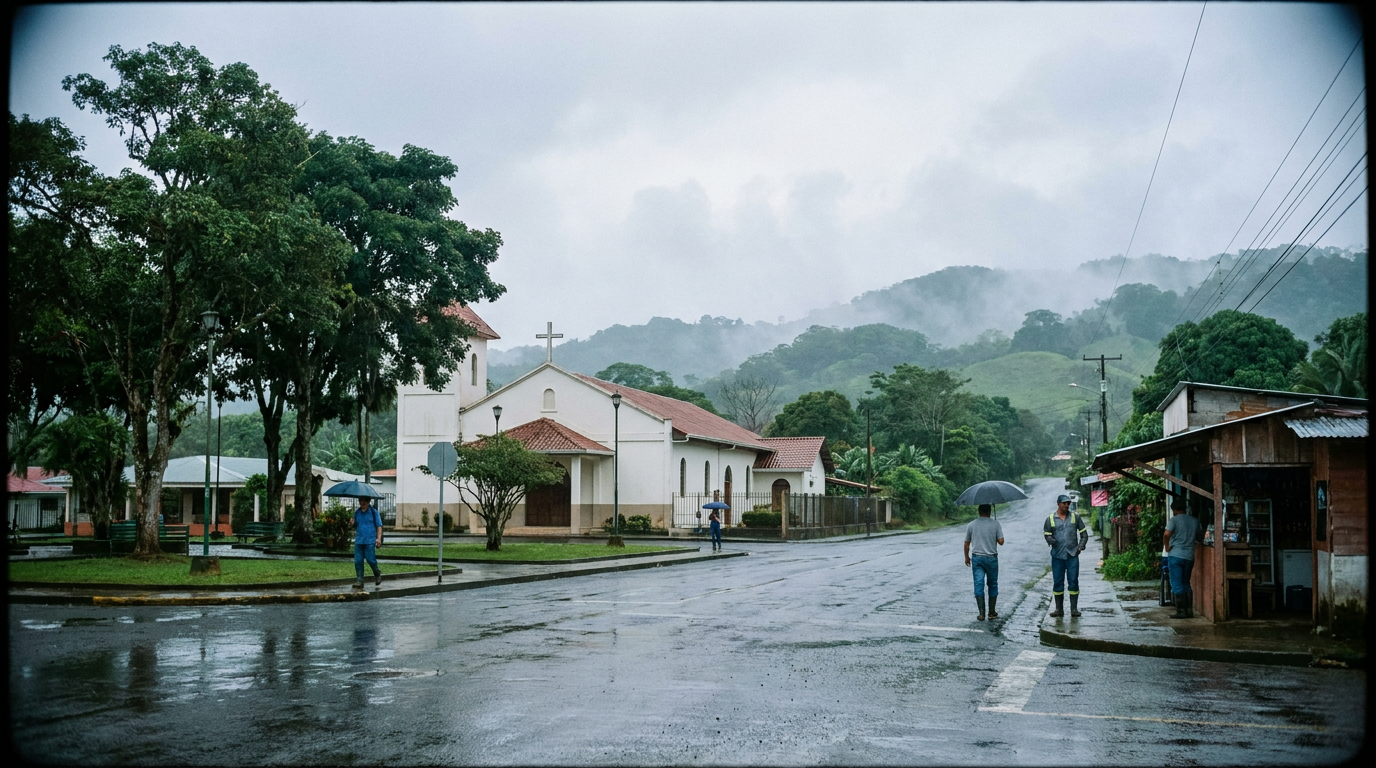 The quiet main street and central park of Venado de San Carlos, Costa Rica, with the town church in the background.