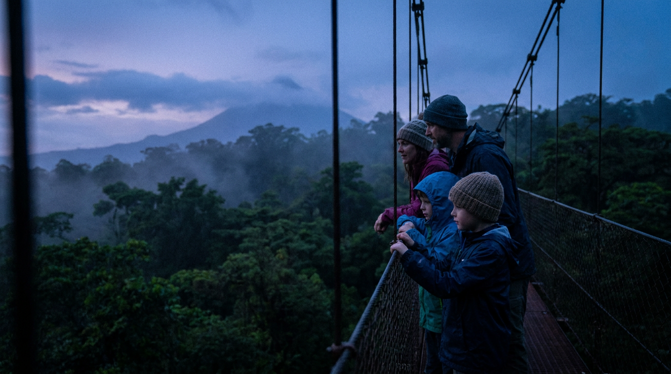 A family walks across a long suspension bridge high above the lush green rainforest canopy near Arenal Volcano, Costa Rica.