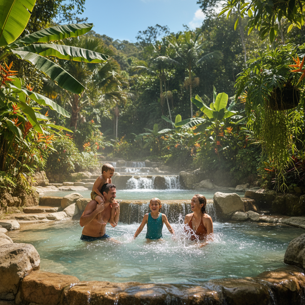 A family with young children plays in a natural hot spring pool surrounded by tropical plants near Arenal Volcano, Costa Rica.