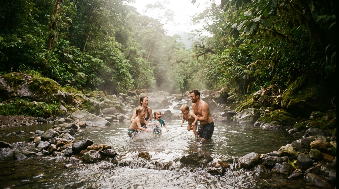 A family enjoying the warm, clear water of the free hot springs river in La Fortuna, Costa Rica, surrounded by lush rainforest.