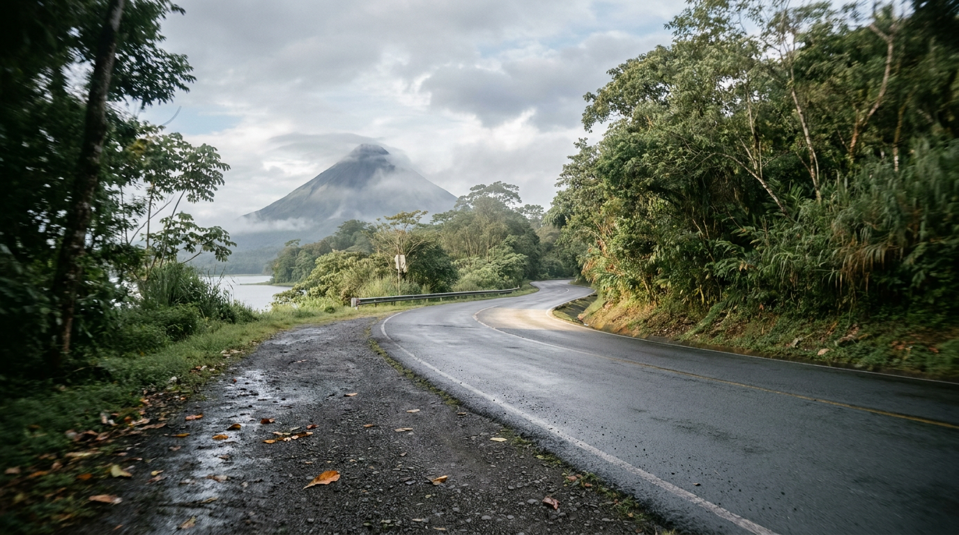 The winding road around Lake Arenal in Costa Rica, with the majestic Arenal Volcano in the background, illustrating the drive to Monteverde.