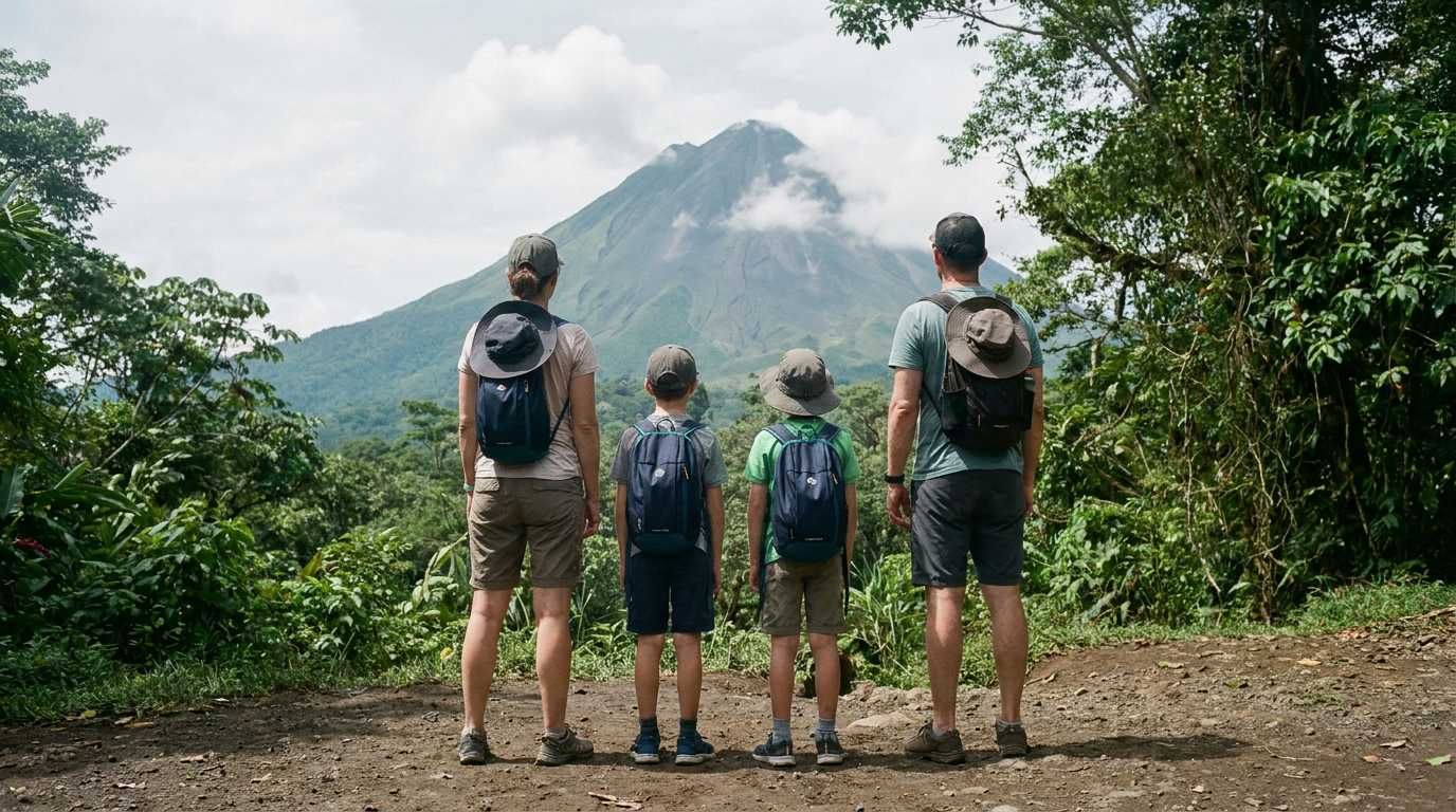 A family hiking on a trail look up at the peak of Arenal Volcano in Costa Rica on a clear day.