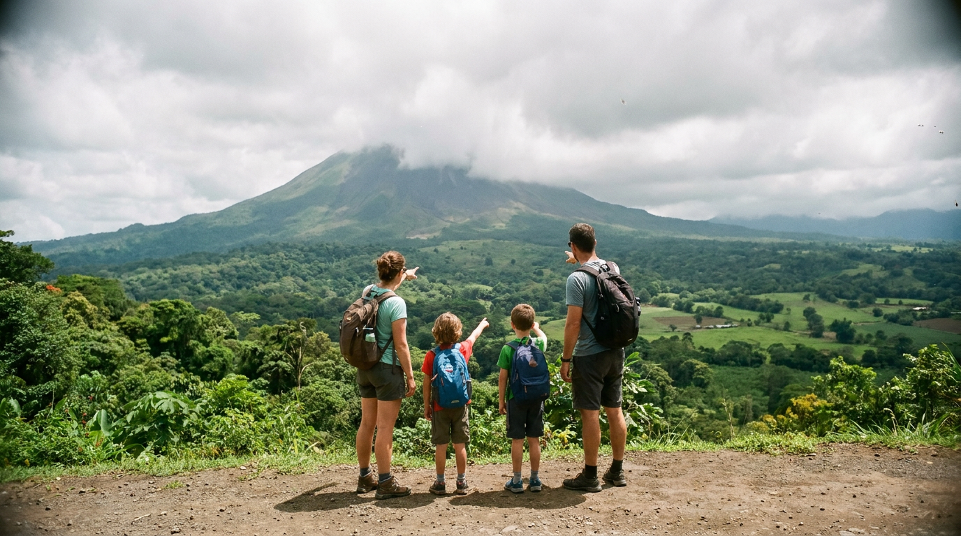 A family enjoys the view of Arenal Volcano and the surrounding green rainforest valley from a scenic viewpoint in Costa Rica.