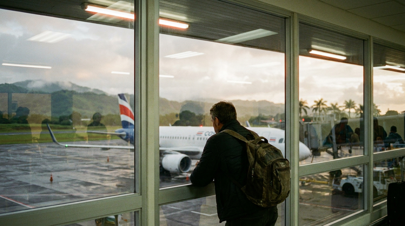 View from inside an airport terminal window of a commercial airplane on the tarmac, with the green, rolling hills of Costa Rica in the distance.