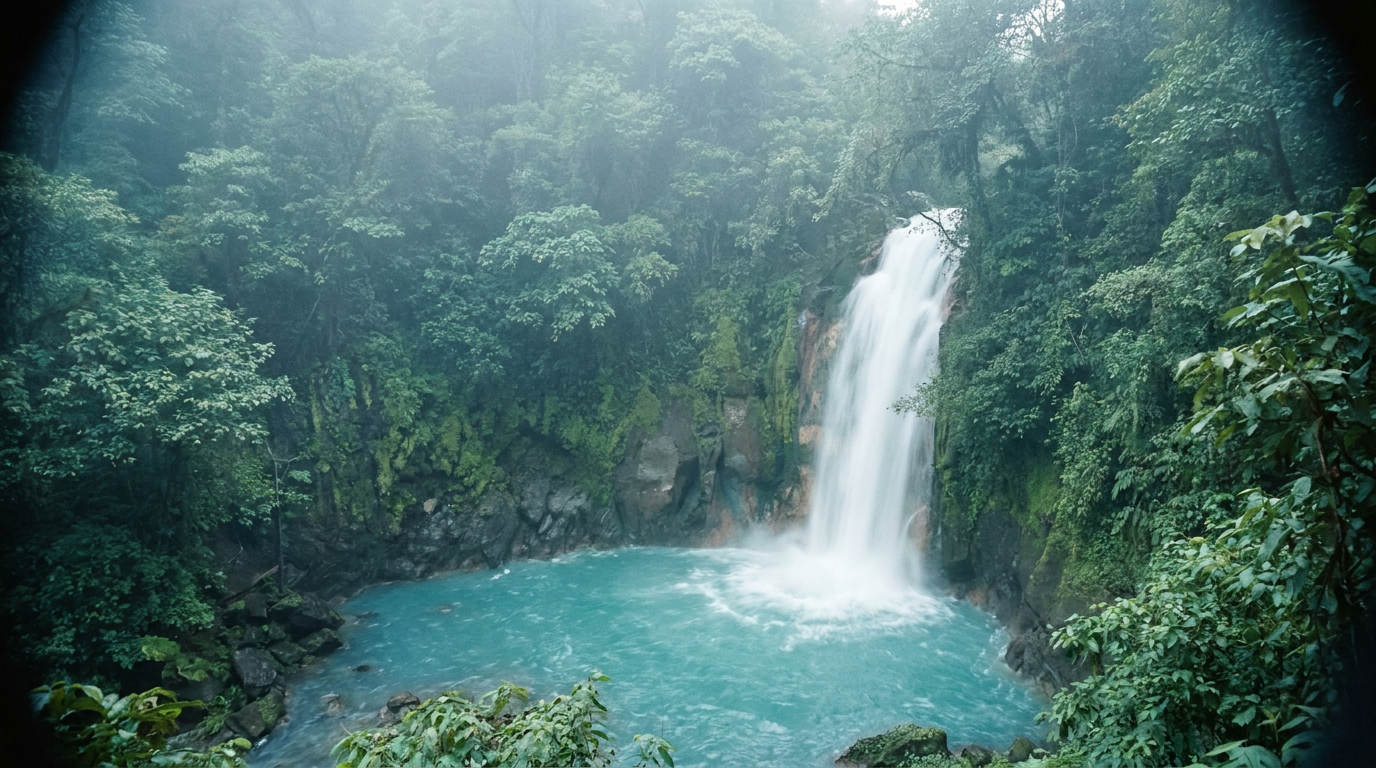 The iconic turquoise water of the Río Celeste waterfall plunging into a pool surrounded by the dense green jungle of Tenorio Volcano National Park, Costa Rica.