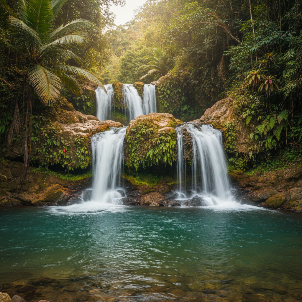 A hidden waterfall in the Costa Rican rainforest cascades over mossy rocks into a calm, clear swimming hole.