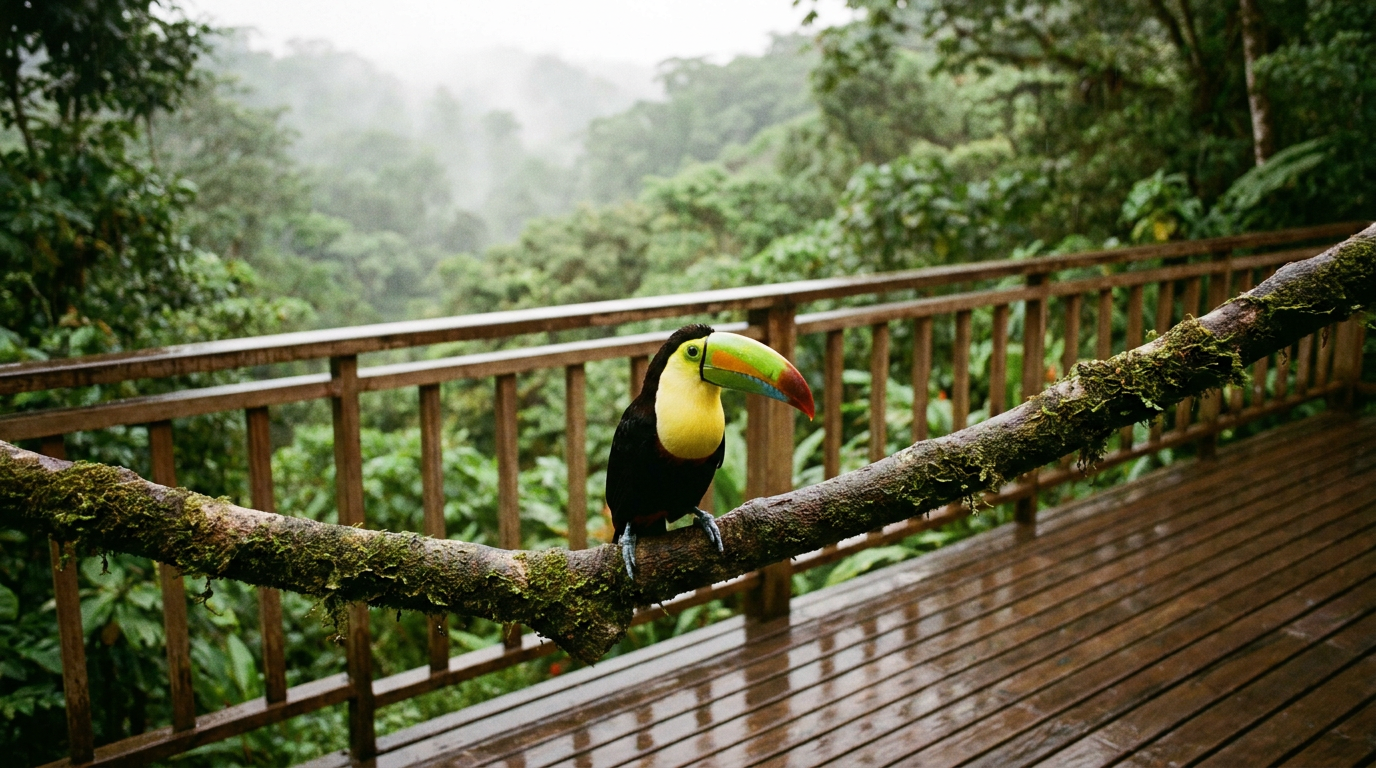 A brightly colored Keel-billed Toucan with a rainbow beak perches on a green branch in the Costa Rican countryside.