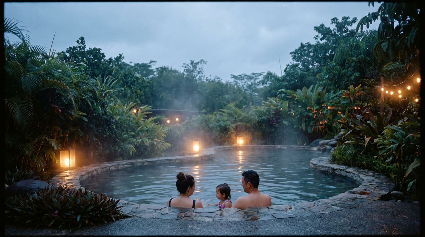 A couple relaxes in a tranquil, warmly lit hot spring pool surrounded by lush Costa Rican rainforest at dusk.