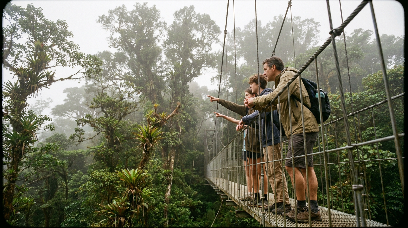 A family with two teenagers stands on a suspension bridge high in the Costa Rican rainforest canopy near Arenal Volcano.