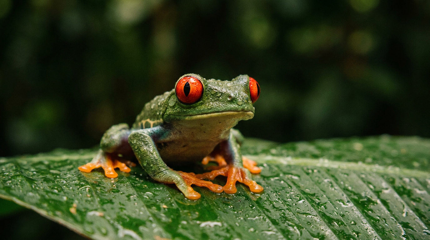 A close-up of a red-eyed tree frog, a famous frog in Costa Rica, clinging to a large green leaf at night.