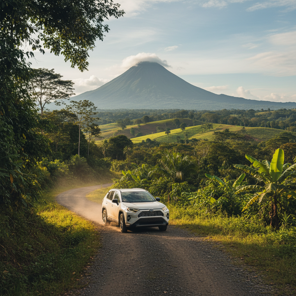 A compact SUV driving on a gravel country road in the green hills near Arenal Volcano, Costa Rica.