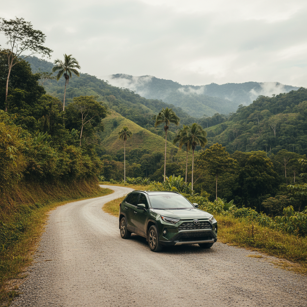 A silver SUV parked on a gravel road leading towards Venado Valley Ranch in Costa Rica, with lush green hills in the background.