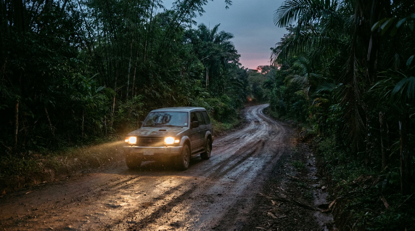 A car's headlights illuminate a narrow rural road winding through the Costa Rican countryside at twilight.