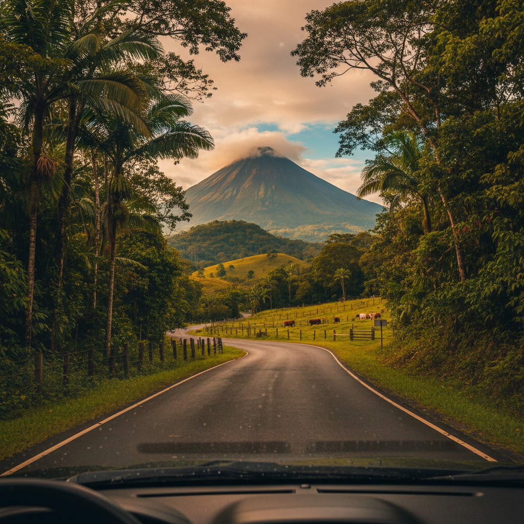 View through a car windshield of a winding paved road through the lush green mountains of Costa Rica on the way to Arenal.
