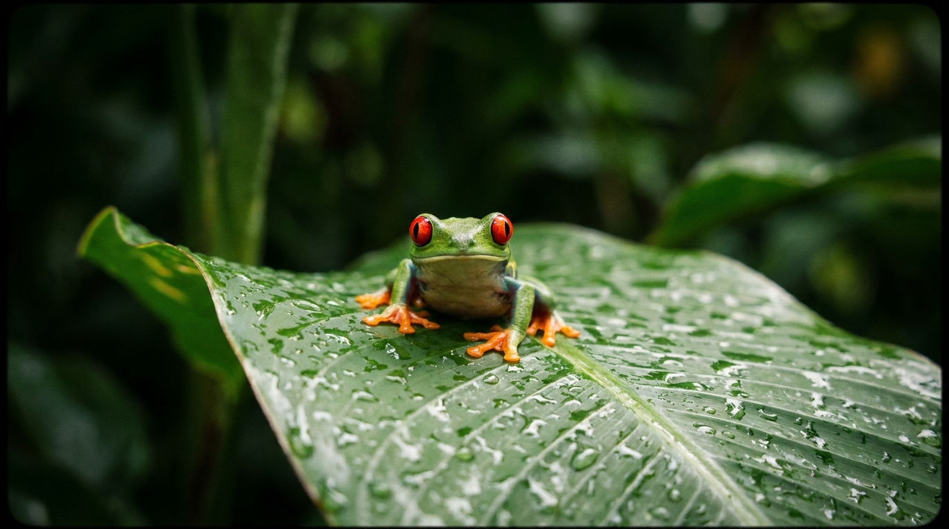 A vibrant red-eyed tree frog with bright red eyes and orange feet clings to a lush green leaf in Arenal, Costa Rica.