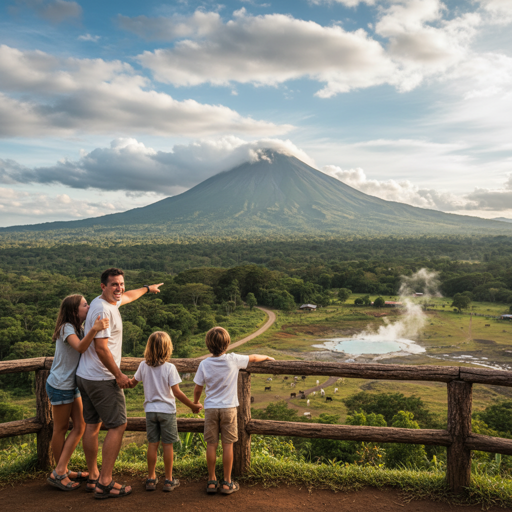 A family enjoying the view of Arenal Volcano during their vacation in Costa Rica.
