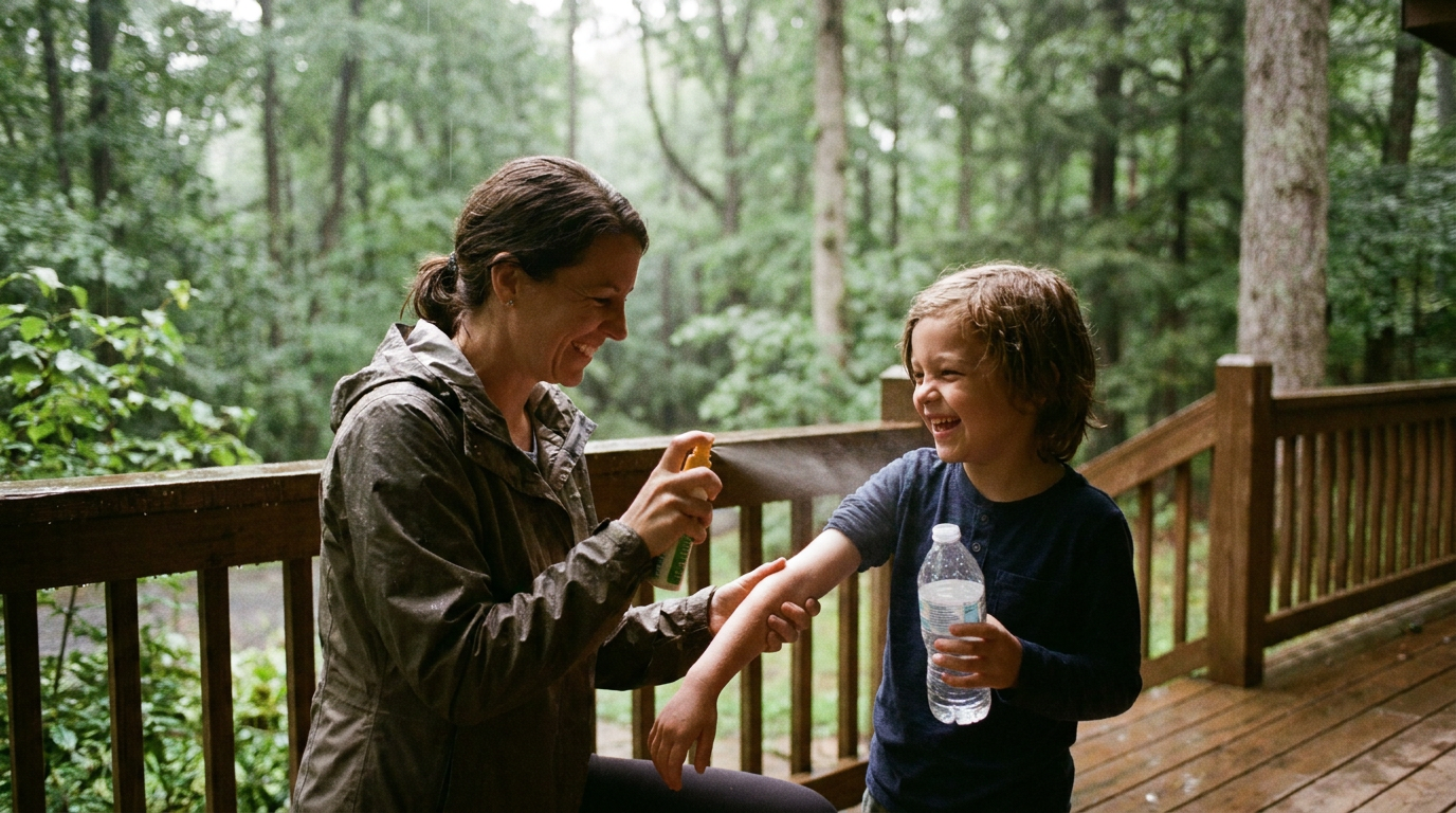 A parent carefully applies insect repellent to their child's arm on the deck of a home in the Costa Rican countryside.