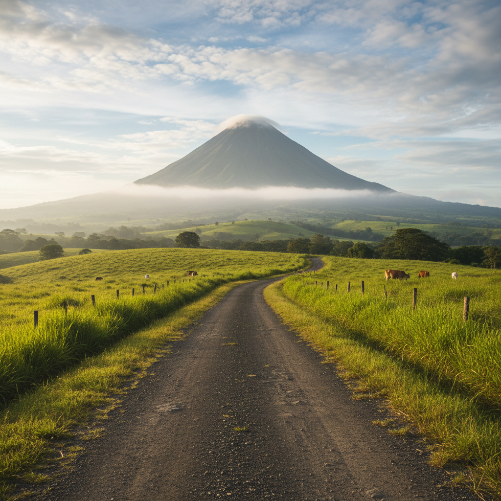 View of green rolling hills and farmland in the Costa Rican countryside with Arenal Volcano visible in the distance.
