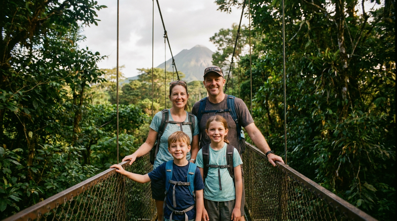 A family with two children smiling for a photo on a suspension bridge high in the rainforest canopy near Arenal Volcano, Costa Rica.