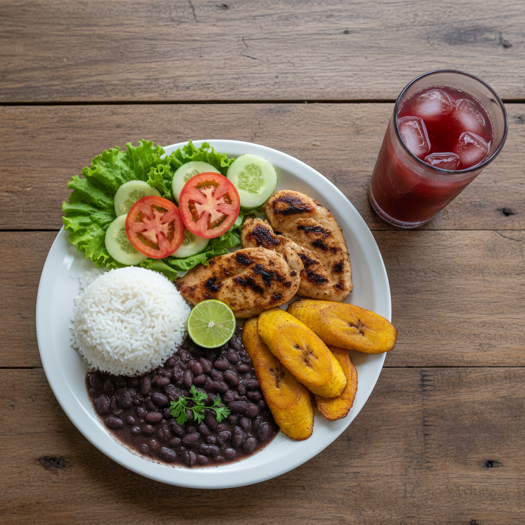 A delicious plate of a Costa Rican casado with rice, beans, salad, plantains, and grilled chicken, served at a local soda near La Fortuna.