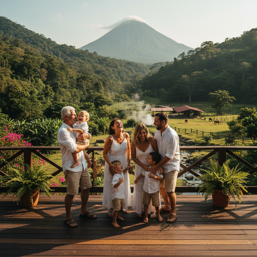 A multi-generational family with grandparents and children smiling together on a sunny deck overlooking the green hills of Costa Rica.