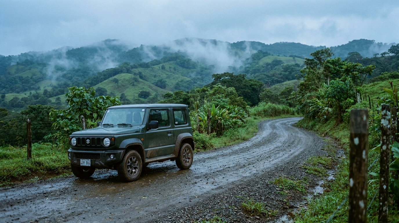 A gray 4x4 rental car parked on a dirt road overlooking the lush green hills of the Venado countryside in Costa Rica.