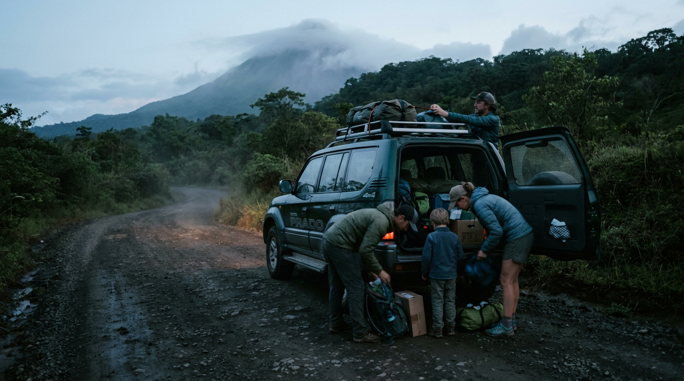 A family loading luggage into a silver SUV on a gravel road in the lush green countryside of Arenal, Costa Rica.