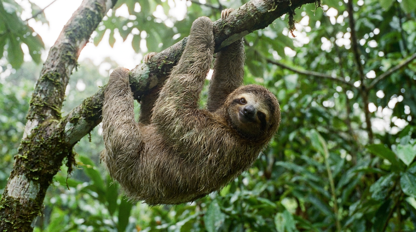 A close-up of a furry two-toed sloth with a sweet expression hanging upside down from a mossy tree branch in the Costa Rican rainforest.