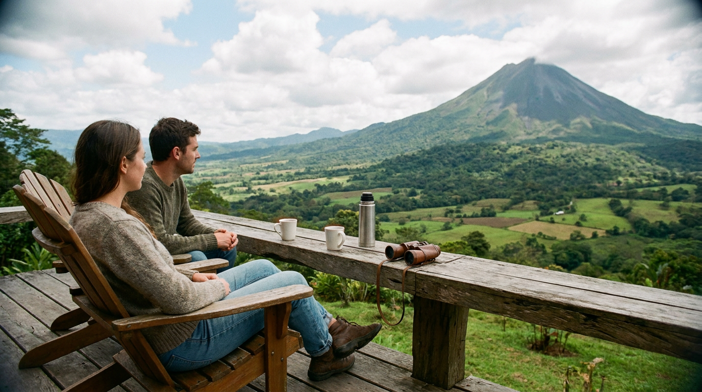 View from the deck of Casa Venado showing the lush green hills of the Venado countryside and Arenal Volcano on the horizon.