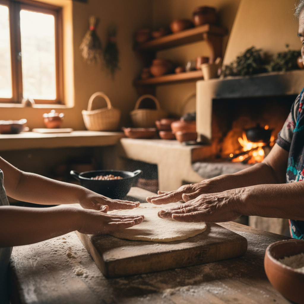 A child and an older woman making tortillas by hand in a rustic Costa Rican kitchen.