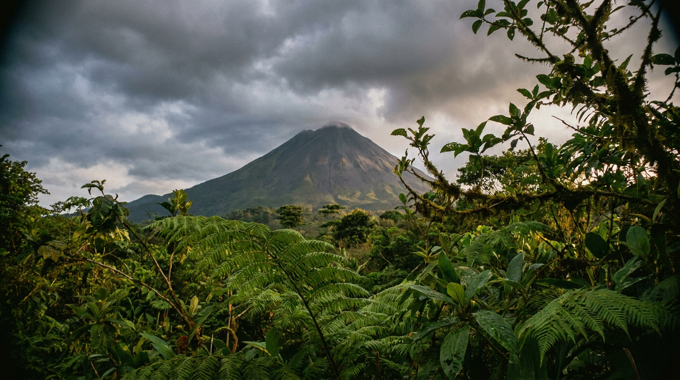 The iconic cone of Arenal Volcano rises above a lush, green rainforest canopy under a partly cloudy sky during Costa Rica's rainy season.
