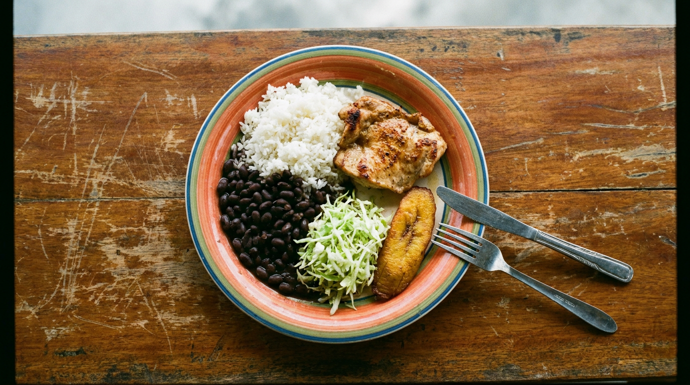 A traditional Costa Rican casado plate with grilled chicken, rice, beans, salad, and fried plantain, seen from above.