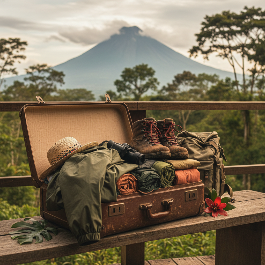 An open suitcase packed with essential items for a trip to Costa Rica in the green season, including a rain jacket and hiking boots.