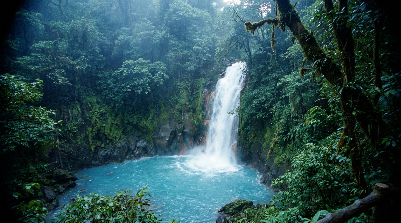 The vibrant turquoise water of the Río Celeste waterfall cascading into a pool, framed by the dense green jungle of Tenorio Volcano National Park.